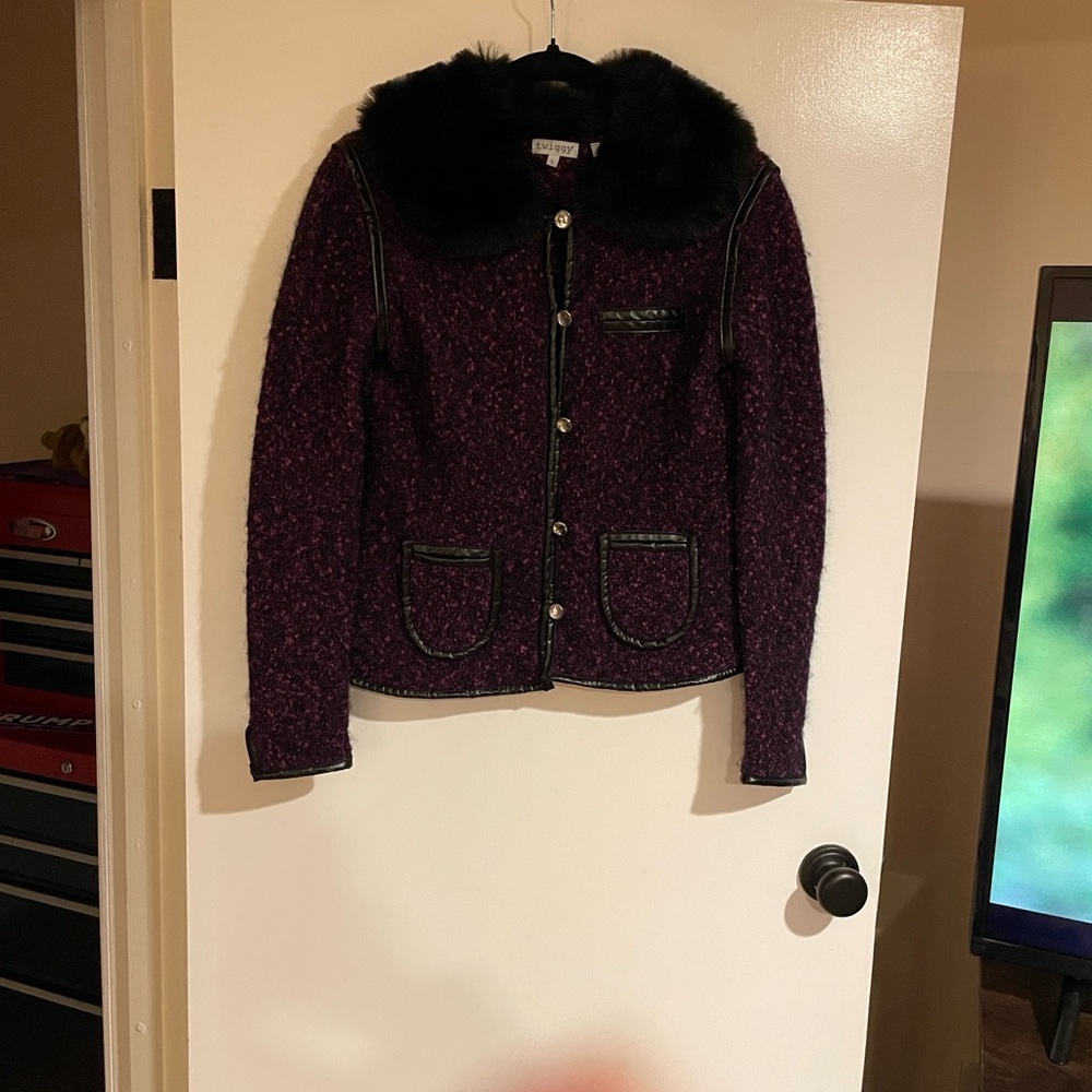 Twiggy Women's Purple Jacket with Black Fur Collar